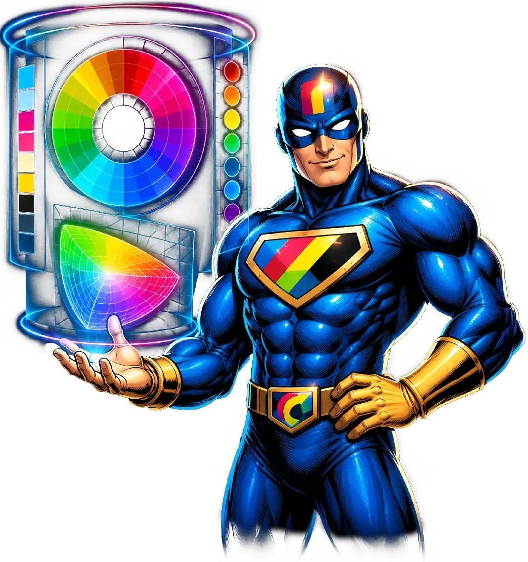 Captain Gamut presenting a holographic expanded-gamut color display with a broader range of printable colors than standard CMYK.